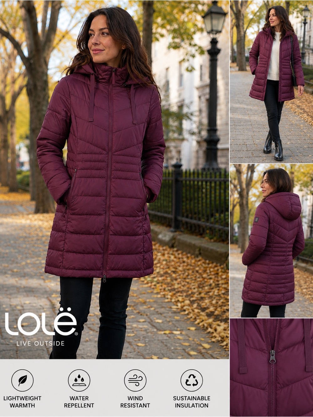 Lole Women’s Packable Long Puffer Coat- Plum